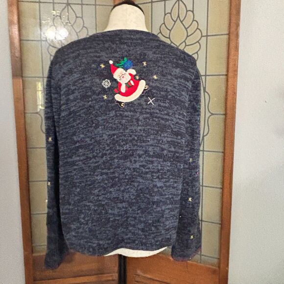 Designers Originals Joy Blue Button Cardigan Santa Embroidery Appliqué Size M - Picture 3 of 14